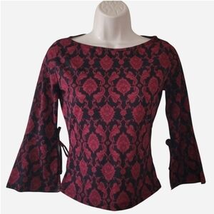 Baroque Style Black and Red Damask Pattern Boatneck Top with Bell Sleeves